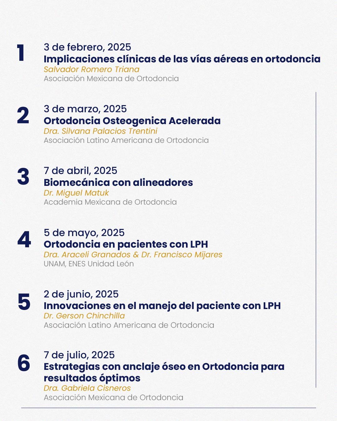 Programa de conferencias en ortodoncia con fechas, títulos y nombres de ponentes en español.