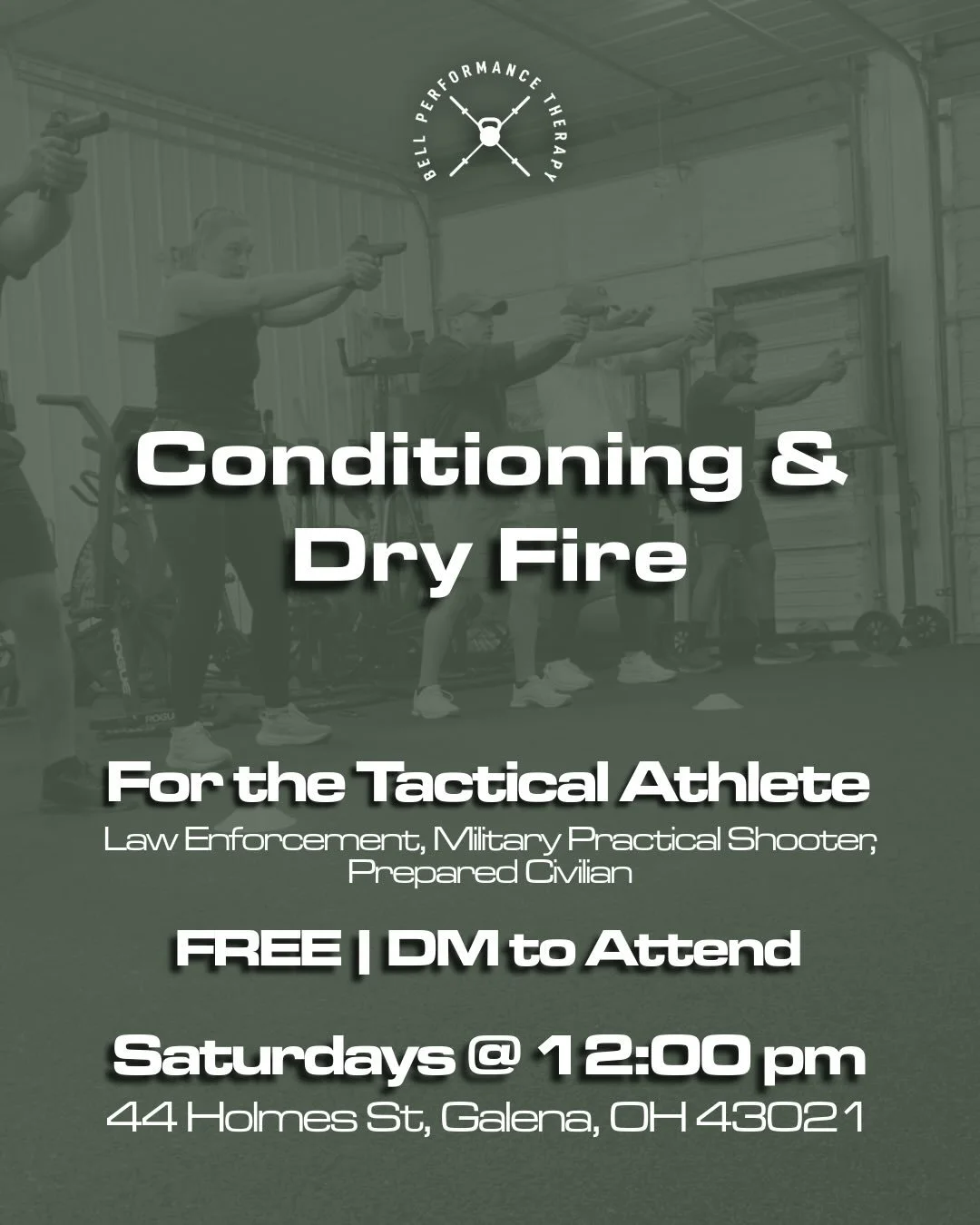 Conditioning &amp; Dry Fire

1. Check in on your people
2. Break a sweat
3. Get better

Saturdays at 12:00pm
Face-Off Fitness - Galena, OH

****DM to attend****

Agencies and departments can inquire about hosting:
Brandon@bellpt.com