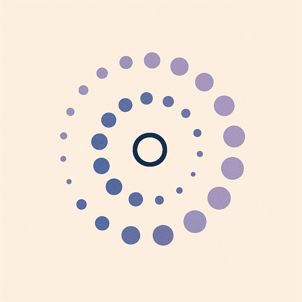 Abstract digital pattern with concentric circles and dots in shades of purple and blue on a cream background.
