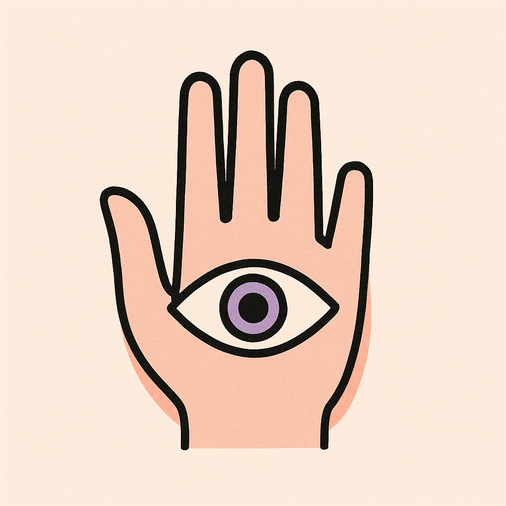 Stylized illustration of a hand with an eye in the center of the palm, in pastel colors with black outlines.