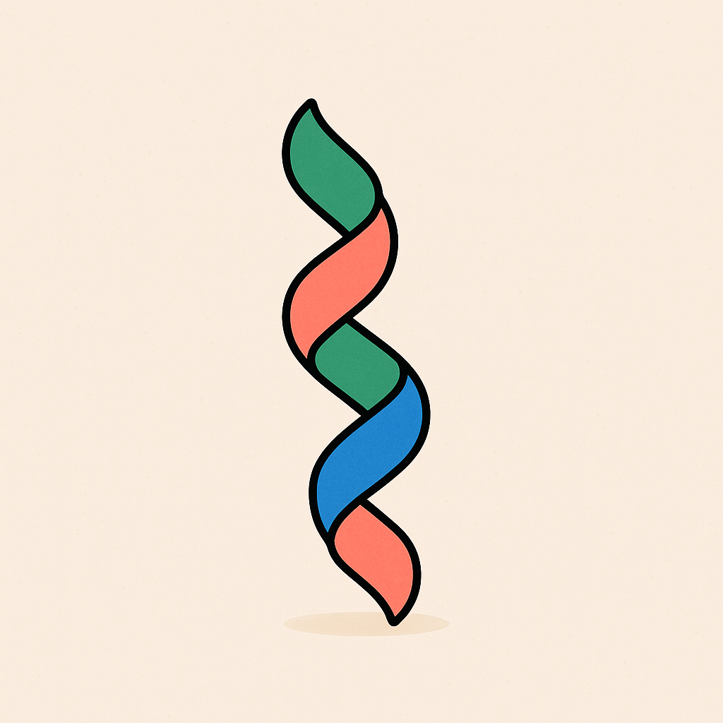 Illustration of a stylized DNA double helix with green, red, and blue strands against a neutral background.