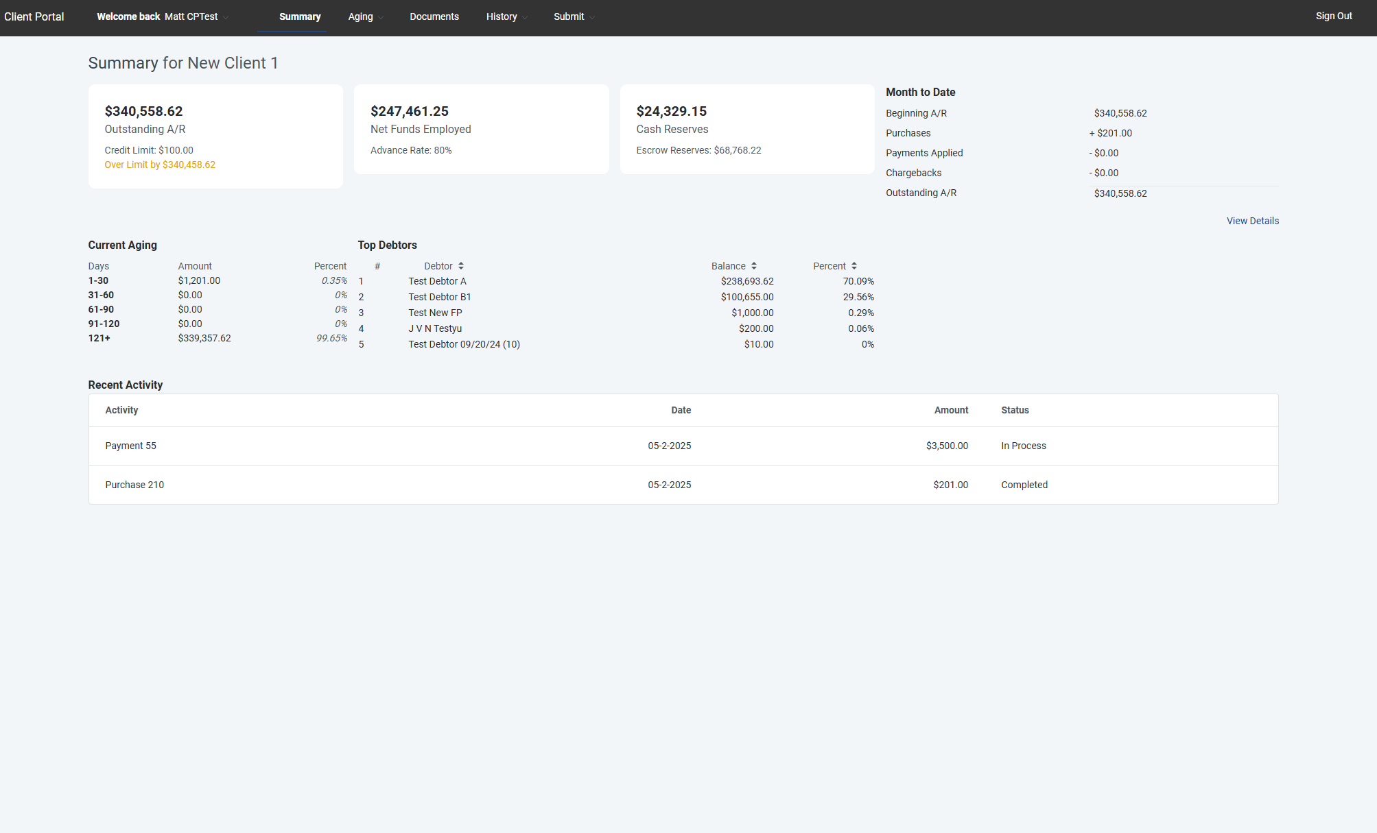 Screenshot of a client portal dashboard displaying a summary of a new client's financial information, including account balances, recent activity, and top debtors, with options for navigation and sign out.