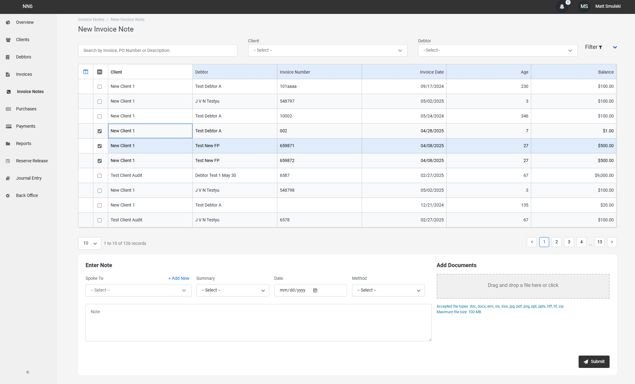 Screenshot of an online invoice management web application showing a list of invoice records with details such as client, debtor, invoice number, date, age, and balance. The interface includes navigation menus on the left, search and filter options at the top, and a section to add notes and upload documents at the bottom.