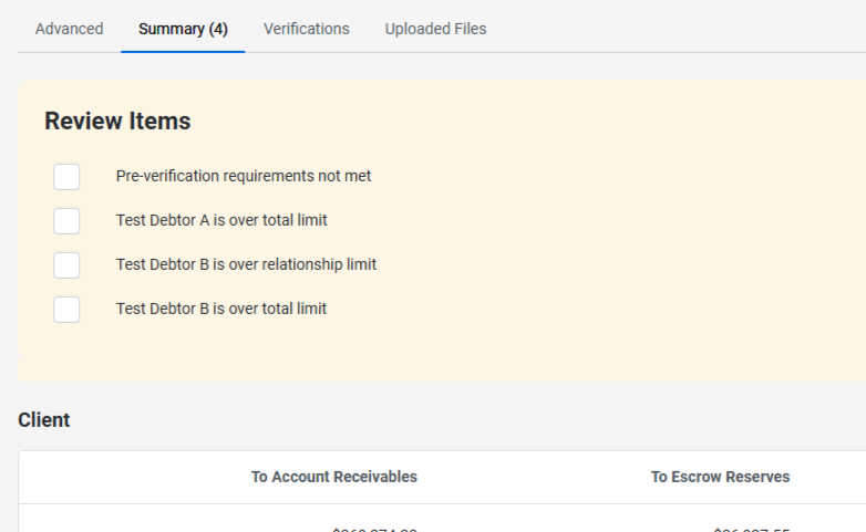 Screenshot of a financial review interface showing review items and client account information, with tabs labeled Summary, Verifications, and Uploaded Files.