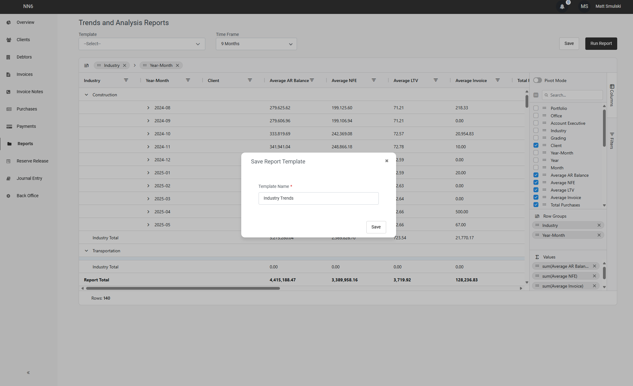 A screenshot of a data analytics software interface showing a report titled 'Trends and Analysis Reports' with a table of financial data. There is a modal popup window titled 'Save Report Template' with a field to enter a template name 'Industry Trends' and options to save. The left sidebar contains menu options such as Clients, Debtors, Invoices, Reports, etc. The top menu has options to save or run the report, and the right sidebar has filters and data fields.