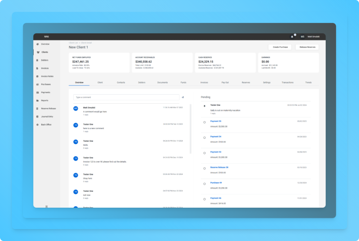 Computer screen showing a business accounting dashboard with client info, transactions, and menu options on the left.