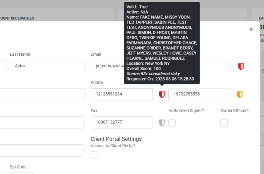 Screenshot of a form with an overlay showing a list of fake names, locations, a score, and a date. The overlay includes names like Missy Yoon, Sabin Pee, and Jeff Myers, and mentions New York NY with a score of 100.