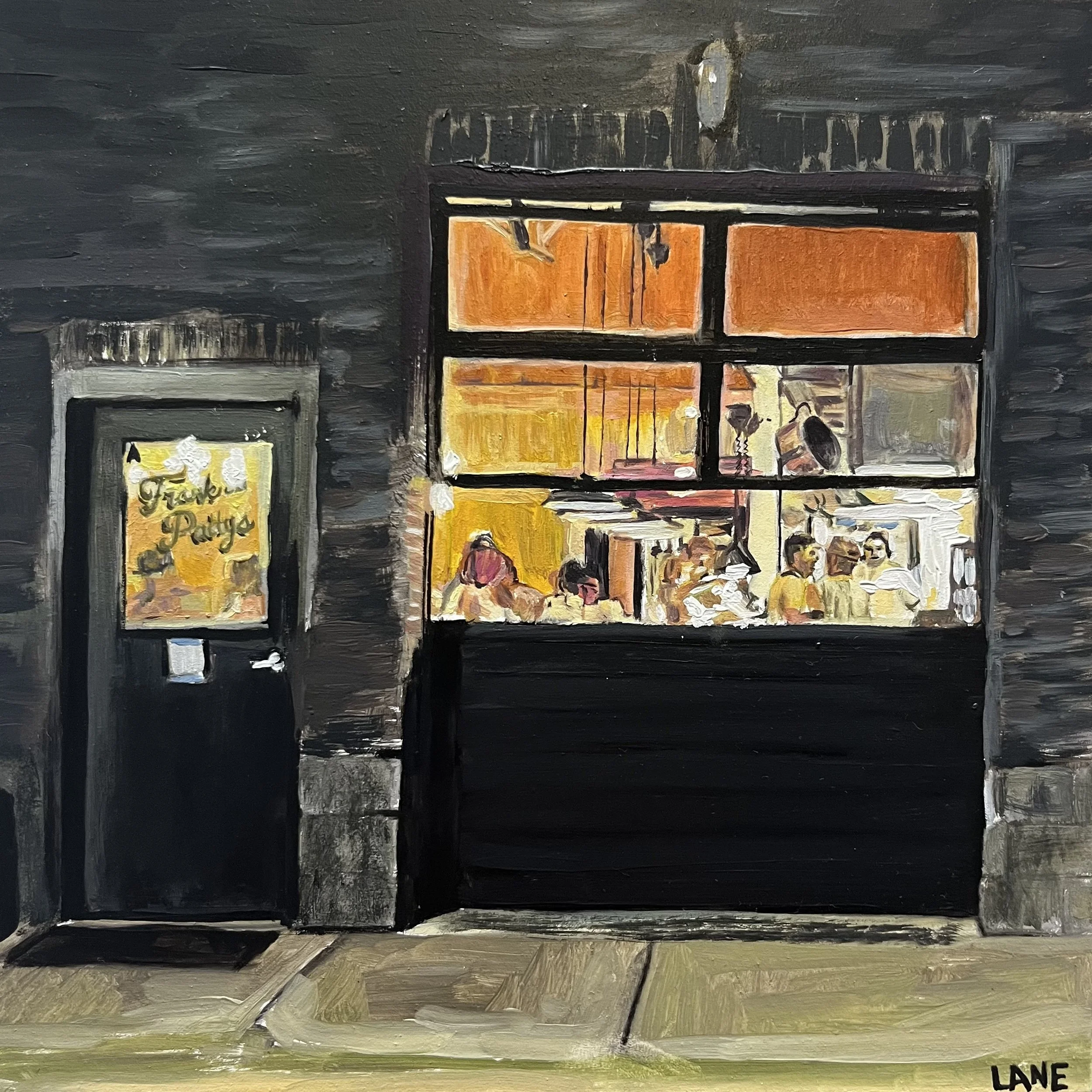 "Frank and Patty's the Night of Short Story's Opening" 8in x 8 in, Oil painting on panel. "Where We Meet" Exhibition at the Virginia Museum of Contemporary Art October 1, 2025 through January 11, 2026. Private Collection.
