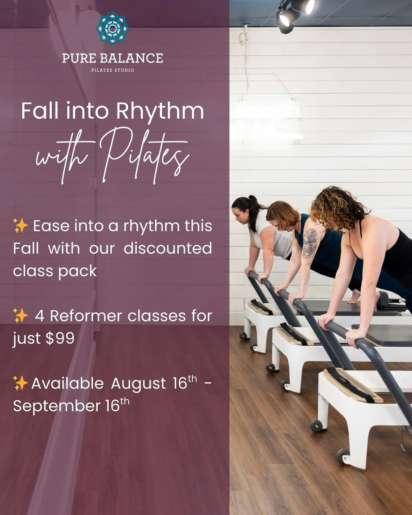 If you’re looking to ease into a routine this season, our Fall Into Rhythm offer is for you — 4 Reformer classes for just $99!🍂
✨Limited time offer available August 16–September 16
✨Use the link in our bio to grab your pack!