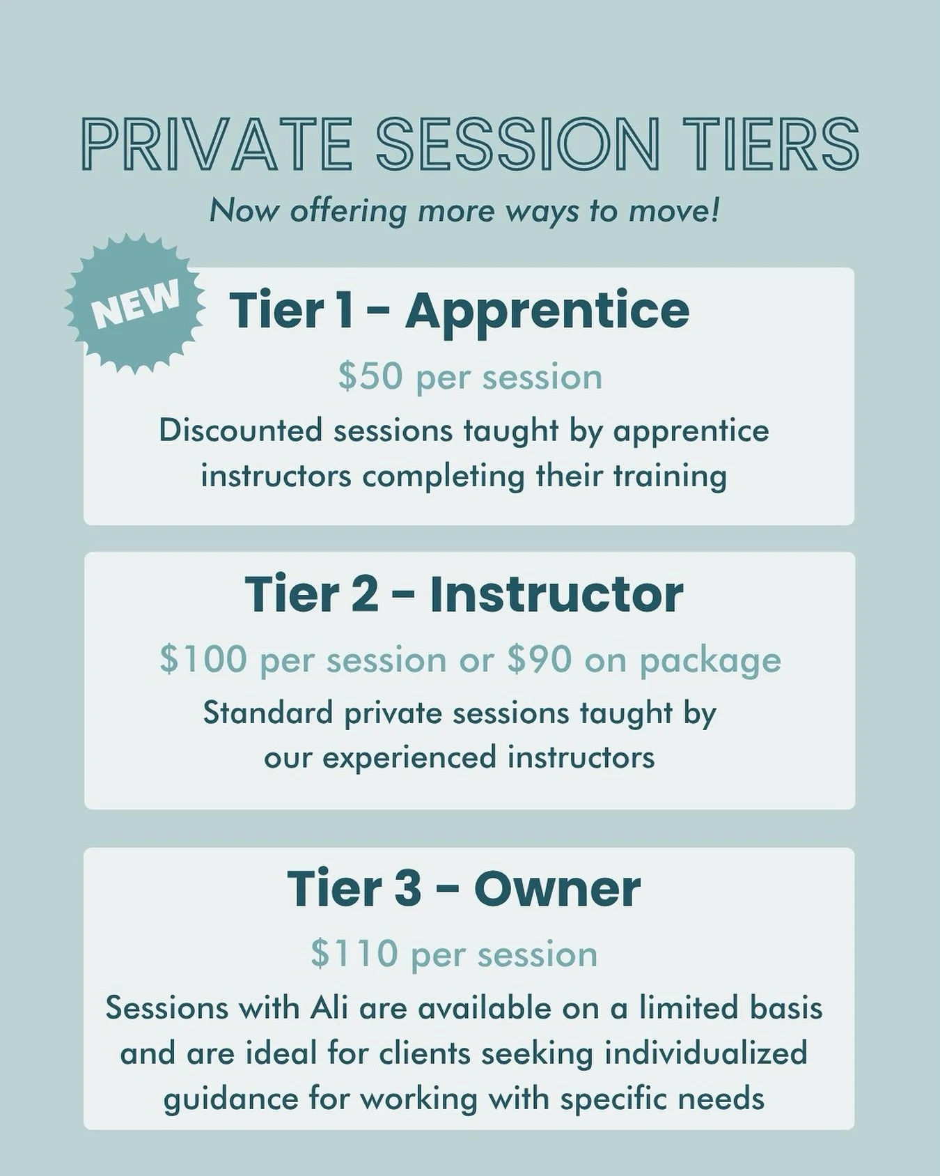We are excited to now offer Apprentice Level Private Sessions!

These discounted private sessions are taught by our apprentice instructors, who are completing their Instructor Training under the guidance of our senior staff OR are transitioning into 
