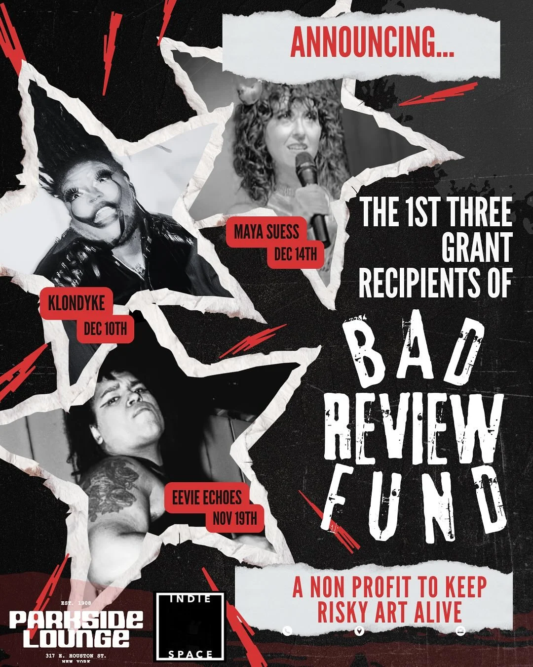 Big news from the Bad Review Fund! We&rsquo;re thrilled to announce our first three recipients: Maya Suess, Klondyke, and Eevie Echoes &mdash; three brilliant artists pushing the boundaries of live performance.
 Each of them has a show coming up soon