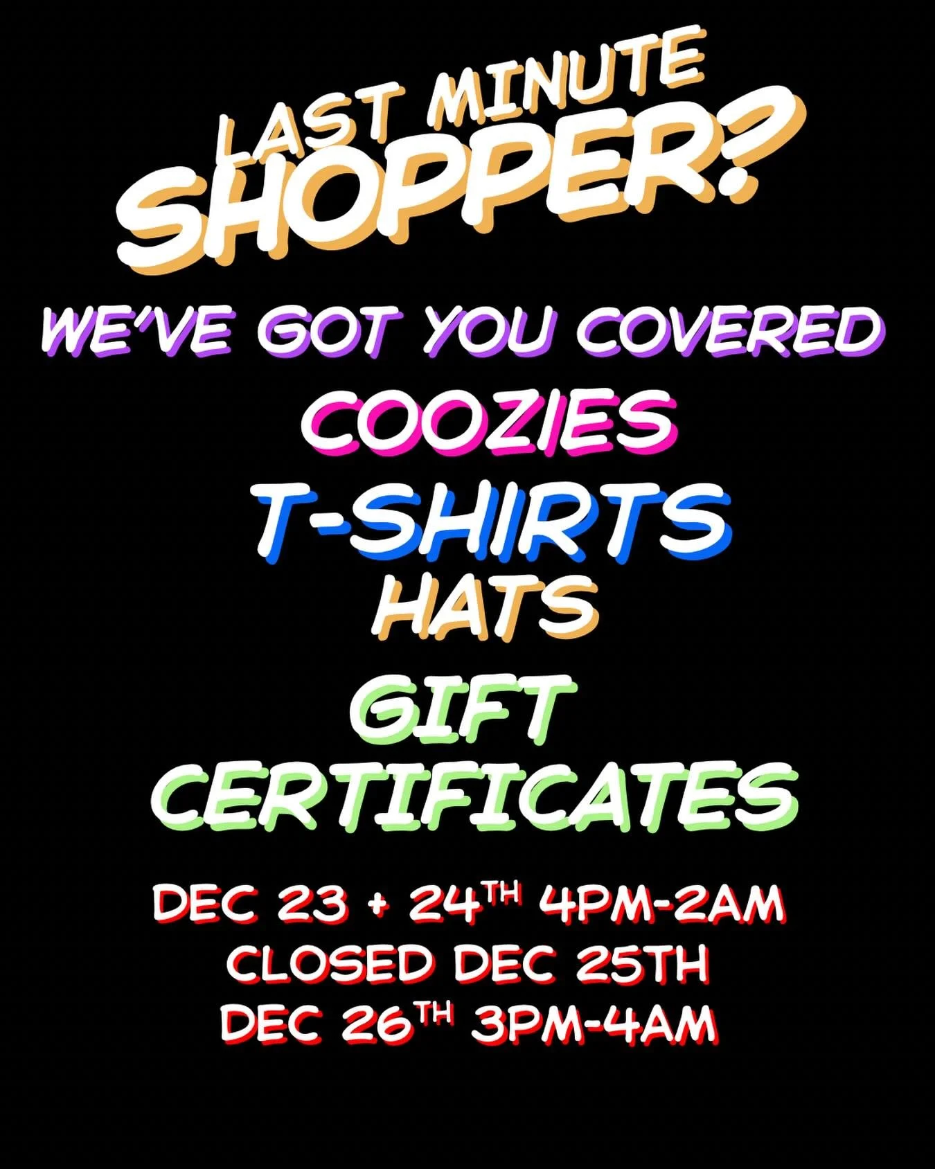 Happy hour until 7, come take the edge off.  Stocking stuffers, promised dates, reasons to visit NYC, buying local 🎄❤️🪩