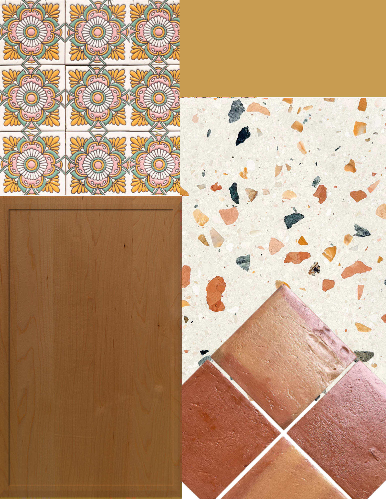 Round Rock designer Collage of various flooring and tile materials, including decorative floral patterned tiles, solid brown wood or laminate flooring, terrazzo with multicolored chips, and terracotta or clay tiles.