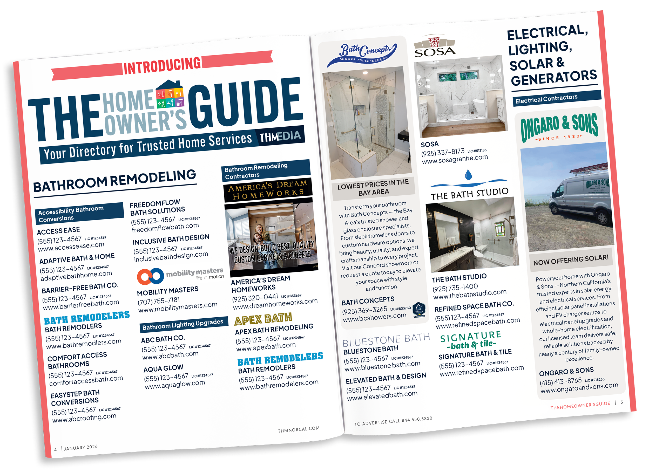 Open magazine or directory featuring advertisements for home remodeling, bathroom remodeling, electrical, lighting, solar, and generator services, including images of bathrooms, vans, and product logos.