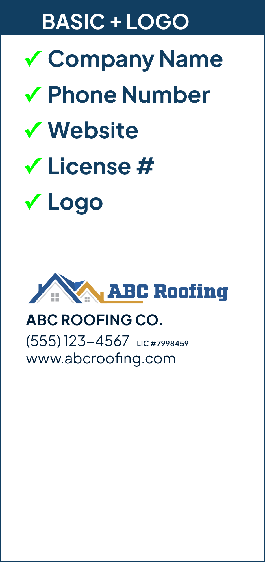 Business card for ABC Roofing with a logo, company info, phone number, license number, and website, with a header 'BASIC + LOGO' and checkmarks next to 'Company Name,' 'Phone Number,' 'Website,' 'License #,' and 'Logo'.