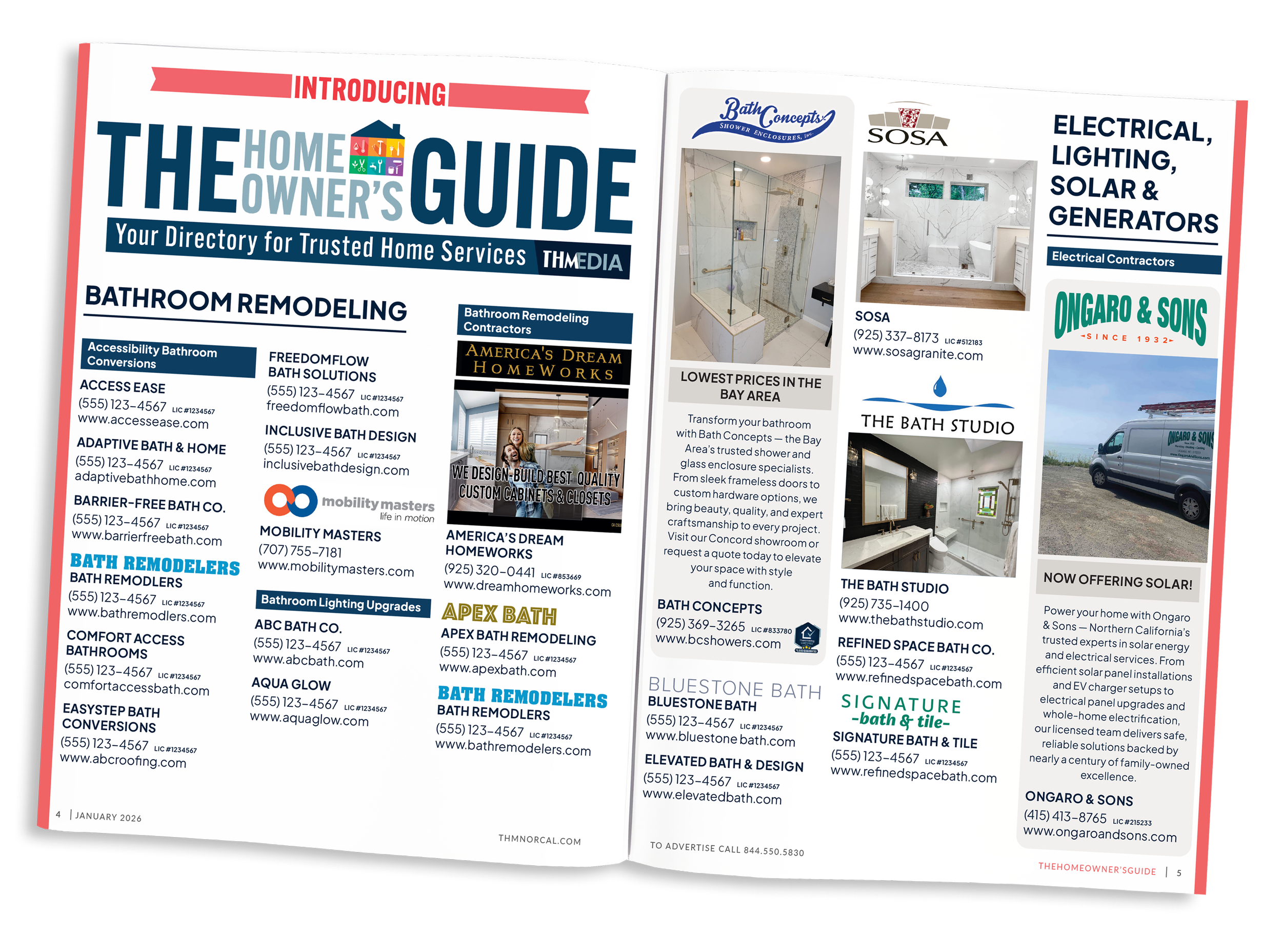 Open home owner's guide magazine pages featuring bathroom remodeling services, electrical and solar solutions, with images of bathroom interiors and company advertisements.