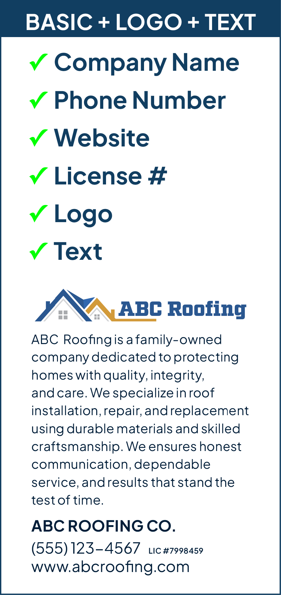 A flyer template showing a layout for business card design with sections for a company name, phone number, website, license number, logo, and text. The sample business card is for ABC Roofing, with logo, company description, contact details, and website.