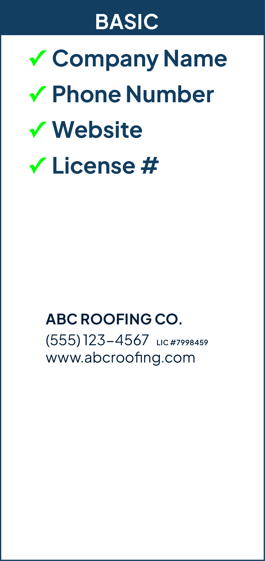 A roofing company's contact card with the company name, phone number, website, license number, and logo for ABC Roofing Co.