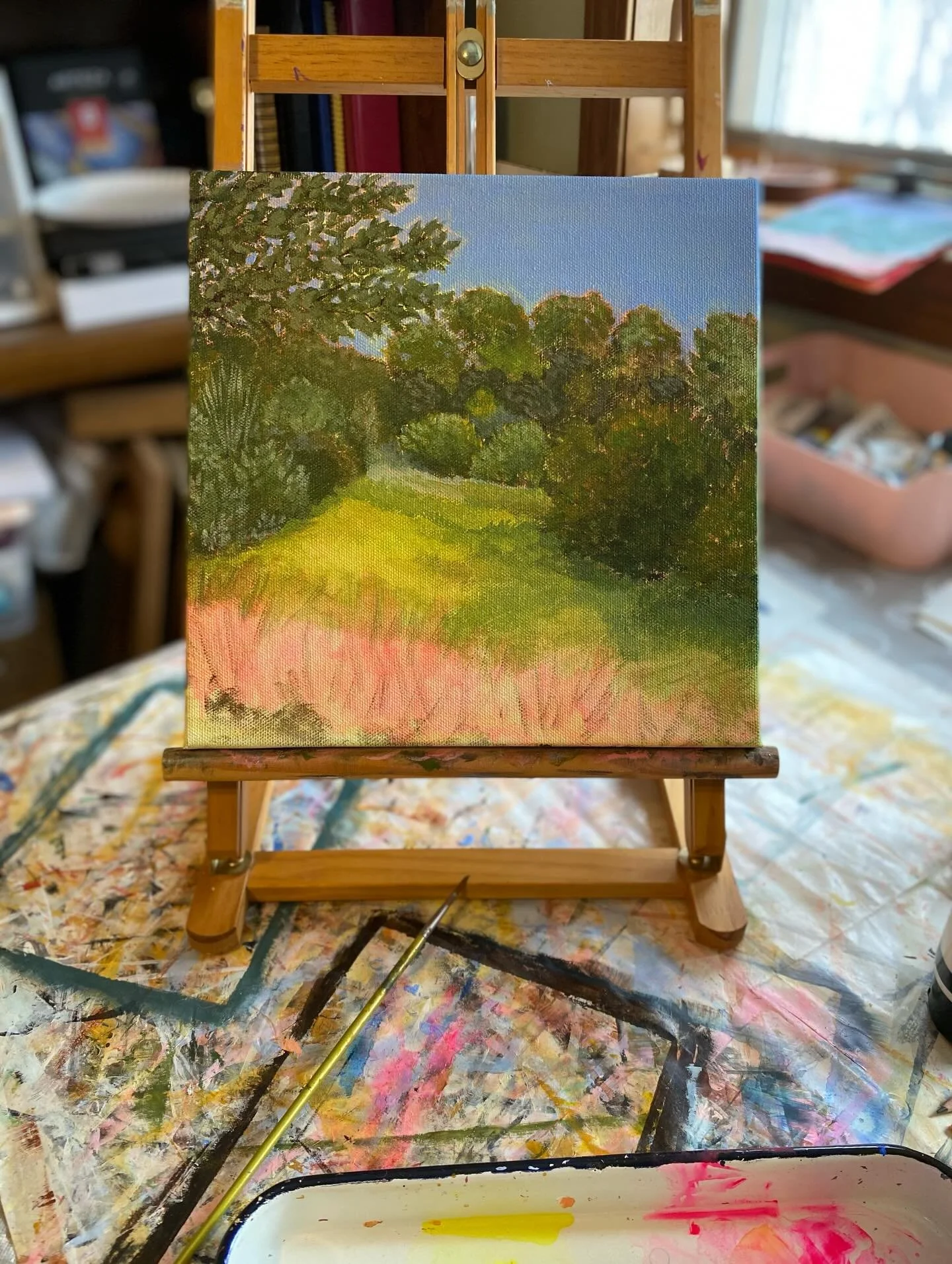 Progress made on this 10 x 10 painting. Playing with brighter under layers than usual to create bright and joyful vibes.