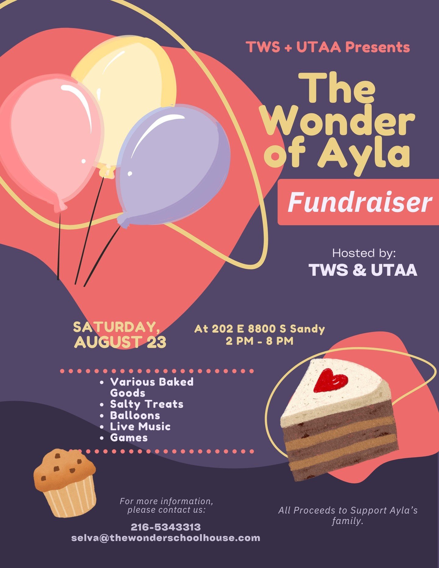 ✨ Join us for The Wonder of Ayla Fundraiser! ✨

https://www.gofundme.com/f/ayla-fights-against-leukemia

📅 Saturday, August 23 | 🕑 2 PM &ndash; 8 PM
📍 202 E 8800 S, Sandy

An afternoon full of delicious baked goods, salty treats, balloons, live mu