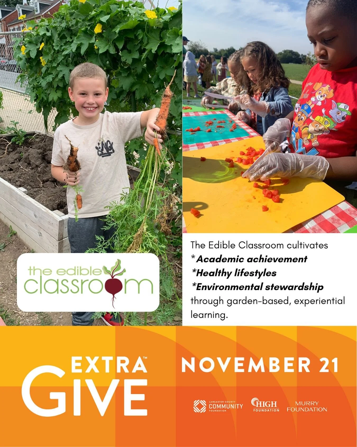 🎉 The countdown is on! 4 days until ExtraGive Day! 

Part of the mission at The Edible Classroom is to foster healthy lifestyles through garden-based experiential learning. Students engage with their school garden during the regular school day, spen