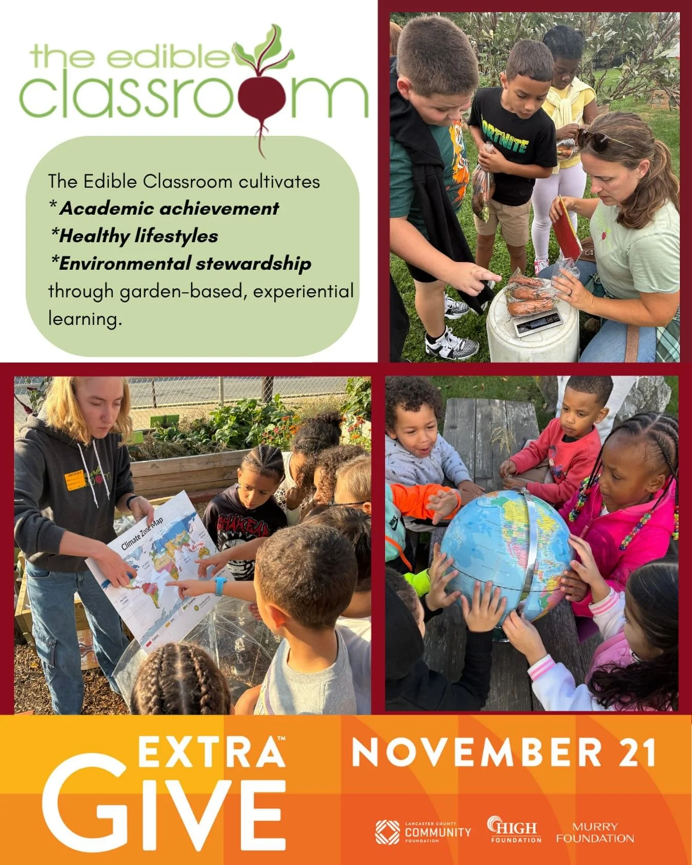 🌟TOMORROW is ExtraGive Day! 🌟

Part of our mission is to support academic achievement through garden-based experiential learning. Our year-round programming &amp; curriculum:

📚Supports classroom learning across subjects, reinforcing key skills in