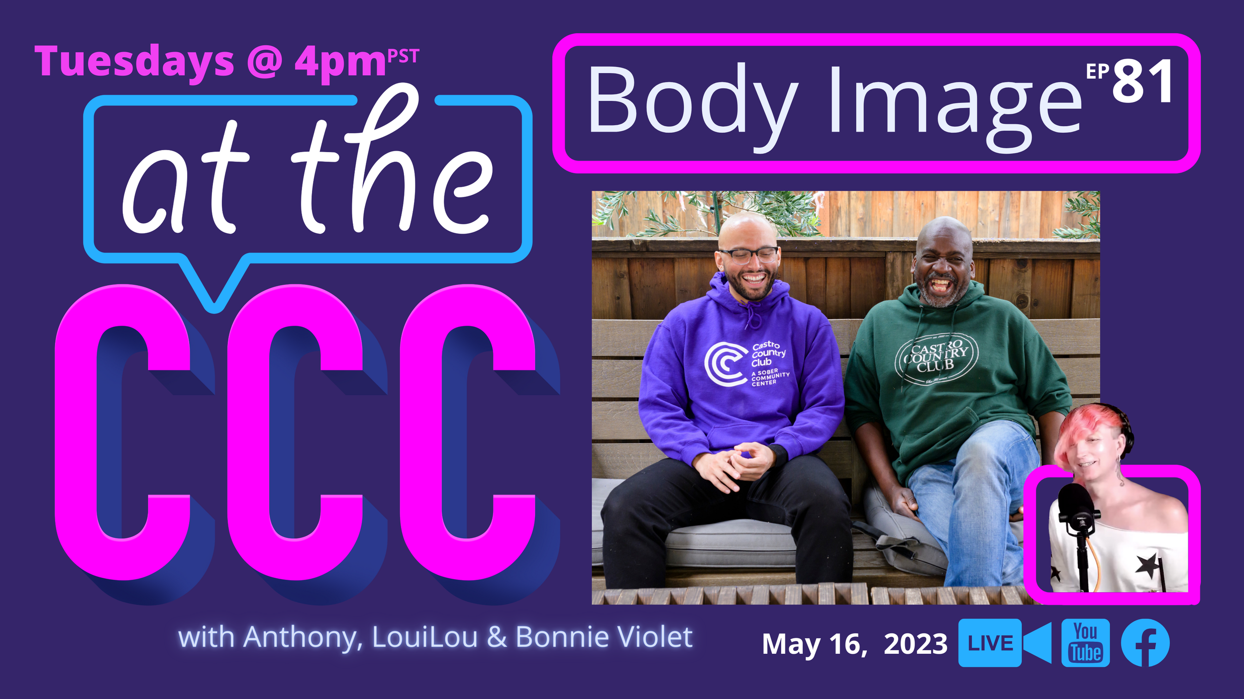 Join me on At the CCC - A Queer Recovery Podcast produced by Castro Country Club & a queer chaplain as we discuss Body Image. Join us live or watch after on YouTube @CastroCountryClub or Listen wherever you listen to podcasts @ At the CCC Podcast. 