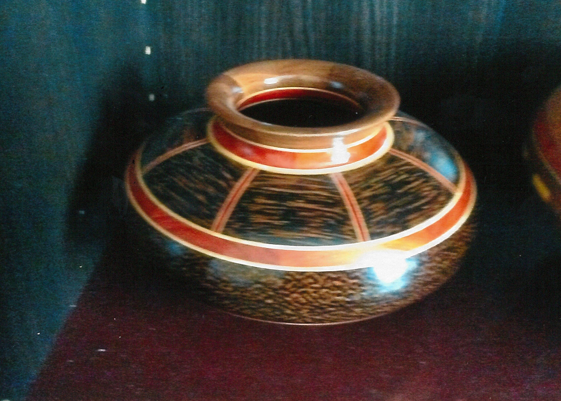 **SOLD** No. 23 $200 / 2013 Black Palm, Red Heart, Maple, Walnut, (153 pieces) 3 H x 5" Diameter