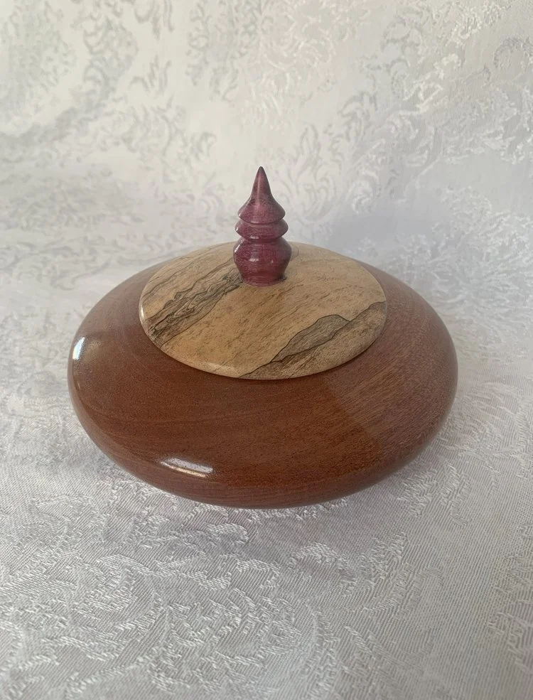 No. 66 $50.00 / 2023 African Mahogany, Spalted Maple, Purple Heart Finial (3 pcs) 3"H x 4 1/2 Dia