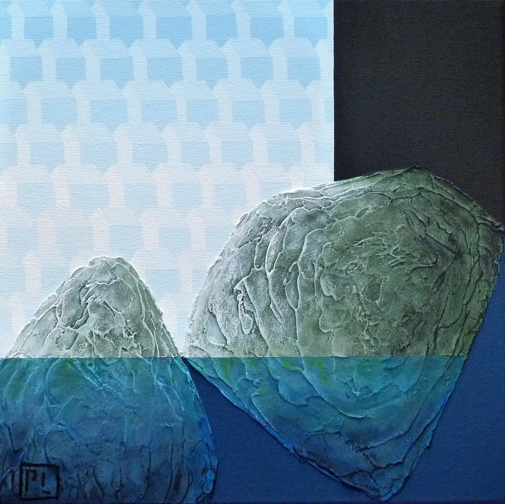 Pierres de ruisseaux - Acrylique, techniques mixtes sur toile - 12 x 12 pouces - 2026 - Disponible