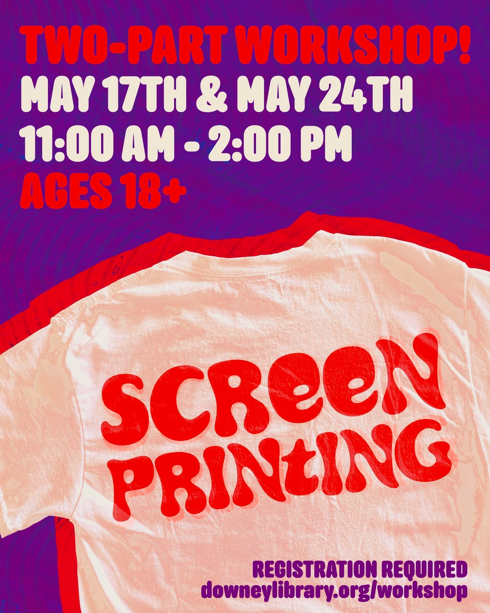Join us in the Workshop to learn the basics of screen printing! In this two-part workshop, you can create a design, transfer it onto a screen, and produce a variety of prints. Participants are encouraged to bring t-shirts, tote bags, or any other art