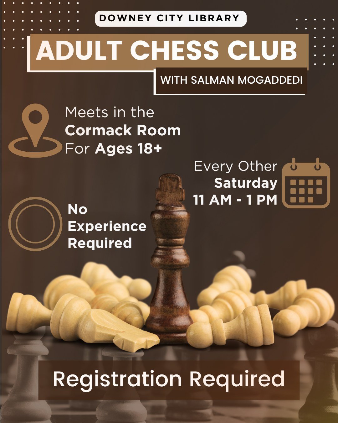 ♟️ Adult Chess Club ♟️
Join local chess enthusiast Salman Mogaddedi for Saturday afternoon chess! Whether you’re a beginner or a seasoned player, come sharpen your skills, learn new strategies, and enjoy friendly competition.
🗓️ Every other S