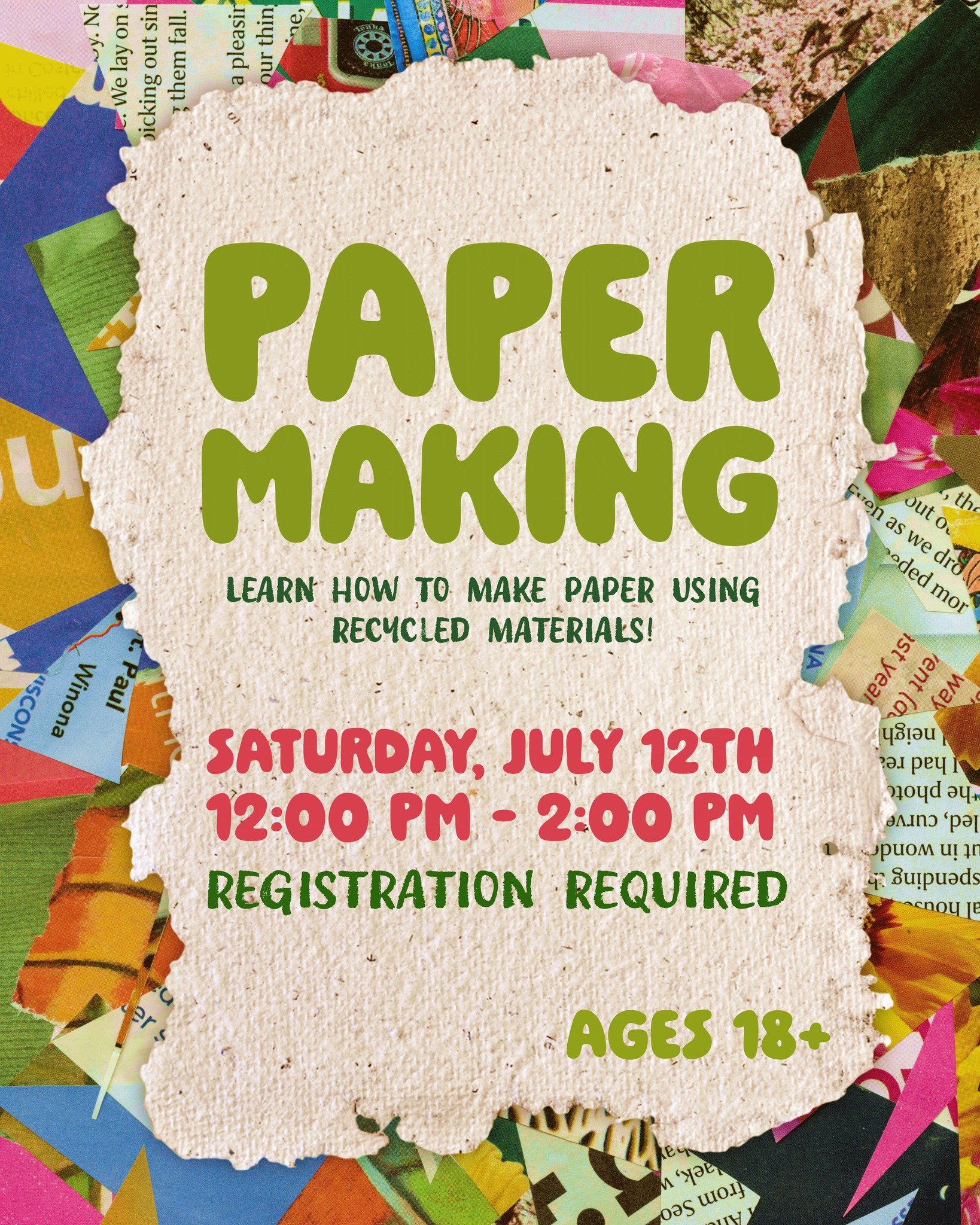 Learn how to make paper using recycled materials! In this hands-on workshop, you'll get to experience every step of the paper-making process, and even leave with your own handmade paper.
All materials will be provided, and all experience levels are