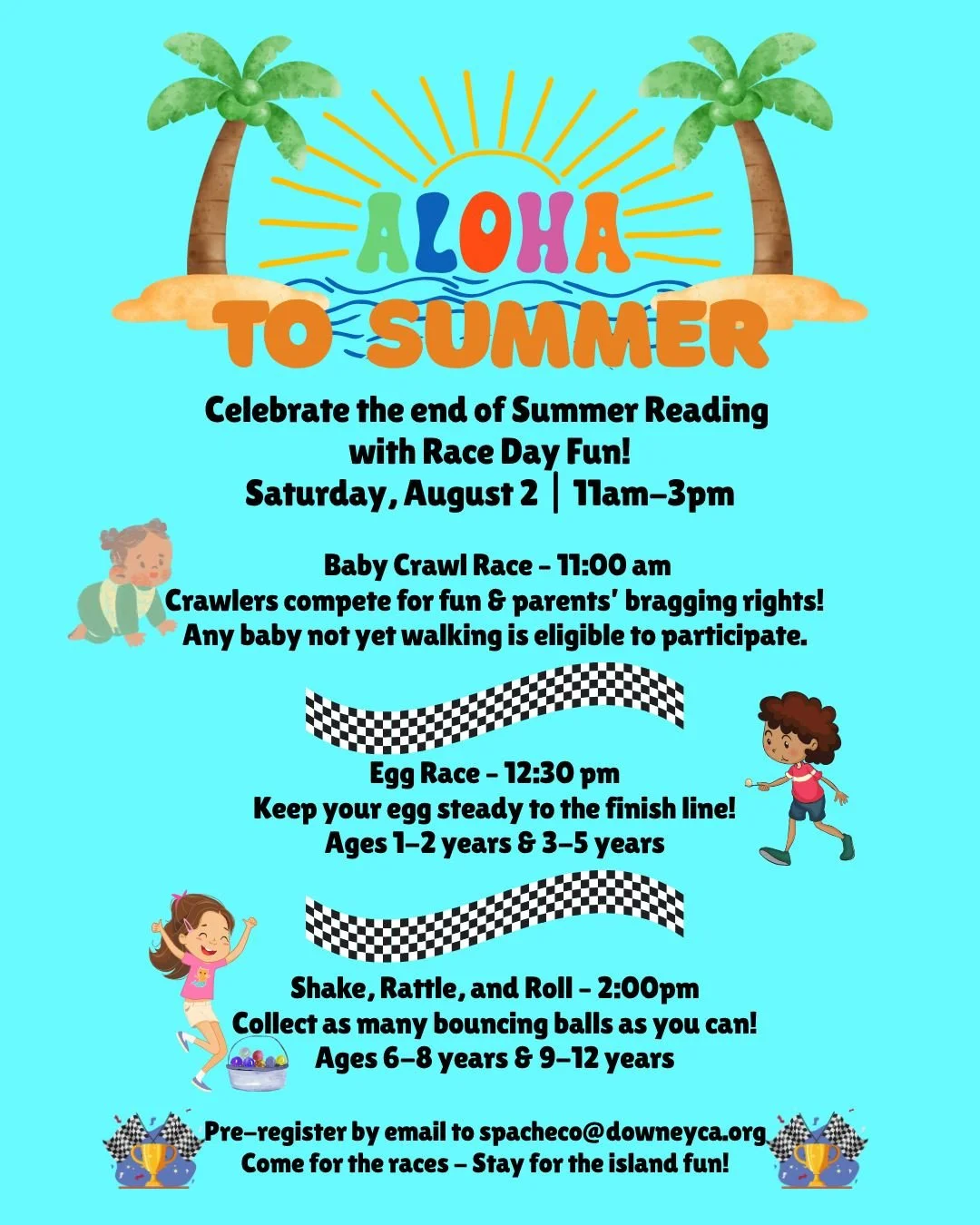 Say aloha to an unforgettable summer in the library with our island-style celebration! Bring your family and your competitive spirit, and get ready for a fun-filled day as we wrap up our Level Up at your Library Summer Reading Program!
Saturday, Augu