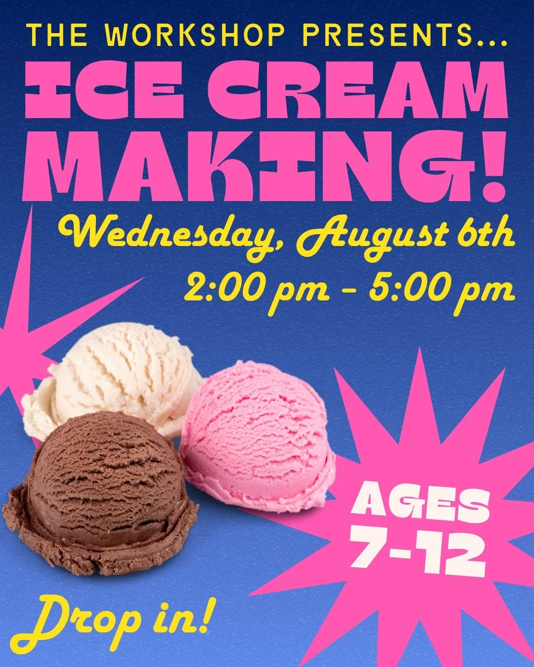 Join us in the Workshop to make ice cream in a bag! In this activity, you'll be combining ingredients and churning the ice cream by shaking a bag of ice. All materials will be provided, including various toppings!
This program is intended for ages 7