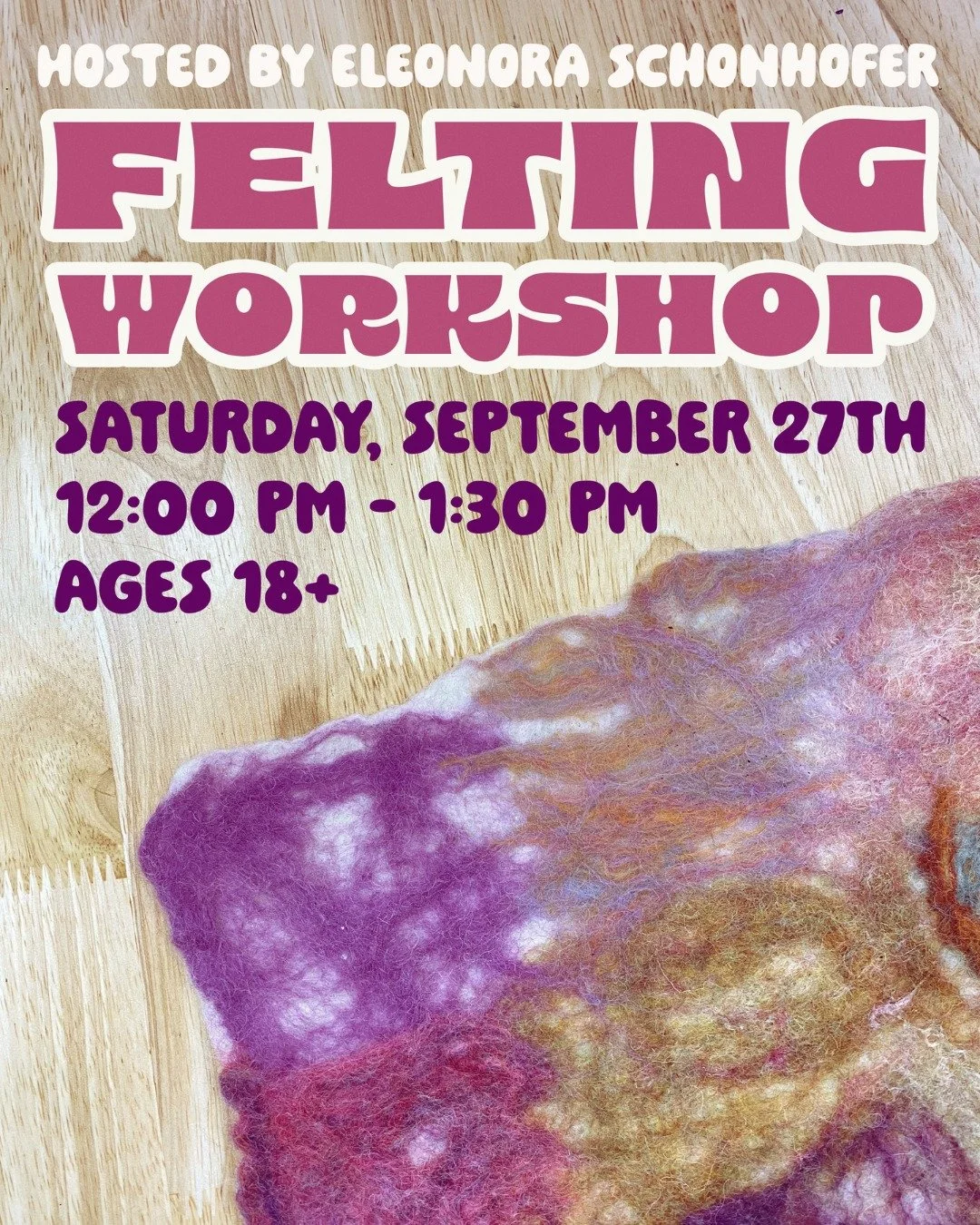 Join us in the Workshop to make your own felt! In this workshop, participants will learn how to felt wool together. They will also learn about the different possibilities and applications of felting techniques. All experience levels welcome! This ses