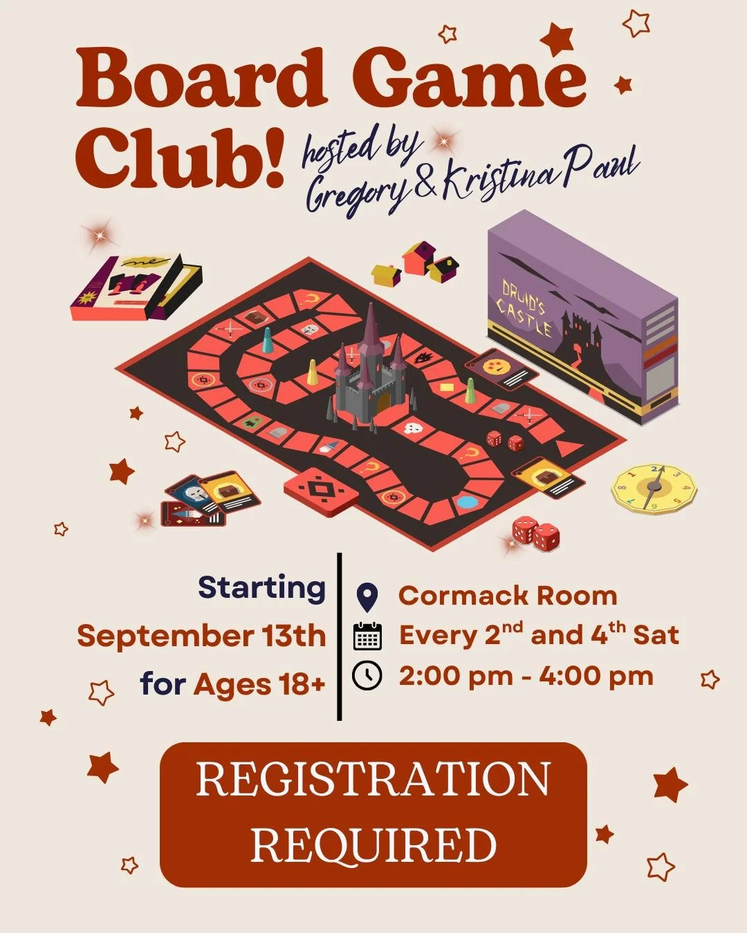 🎲✨ Ready for some friendly competition? Join our Board Game Club hosted by Gregory and Kristina Paul!
🗓 Every 2nd & 4th Saturday
📍 Cormack Room
🕹 Featuring games from Wise Wizard Games, Asmodee, Pink Tiger Games, Exploding Kittens, Sabobat