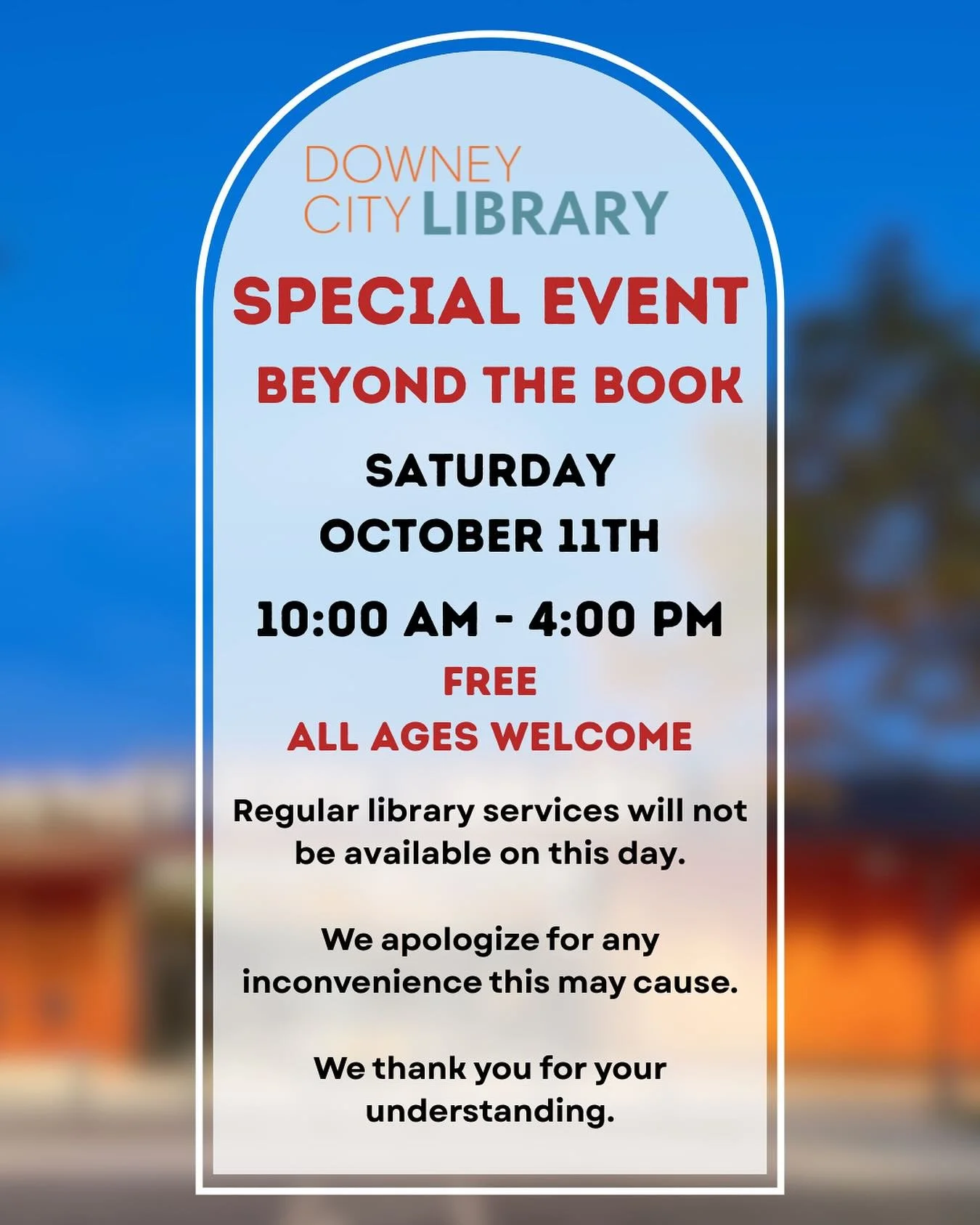 🎉 It&rsquo;s back 🎉
The 5th Annual Beyond the Book Festival is coming to Downey City Library on Saturday, Oct. 11 &bull; 10 AM&ndash;4 PM!

✨ What to expect:
🎶 Live music + DJ sets
🎭 Bob Baker Marionette Theatre&rsquo;s Halloween Spooktacular (10