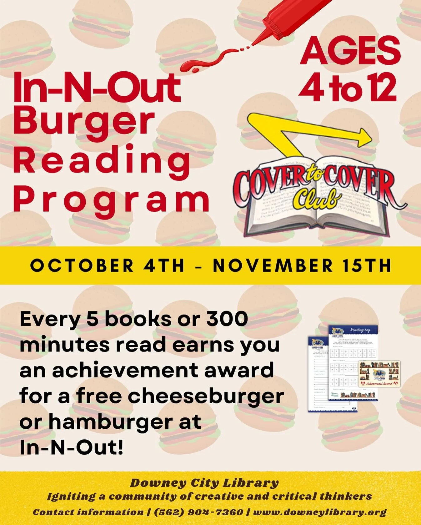 🍔✨📚Who&rsquo;s ready for a delicious reading adventure? The Downey City Library is partnering with In-N-Out Burger for our Cover to Cover Reading Challenge!
📅 October 4 &ndash; November 15
📍 Sign up at the Info Desk
⭐ Ages 4&ndash;12
👏🏼Read 5 b