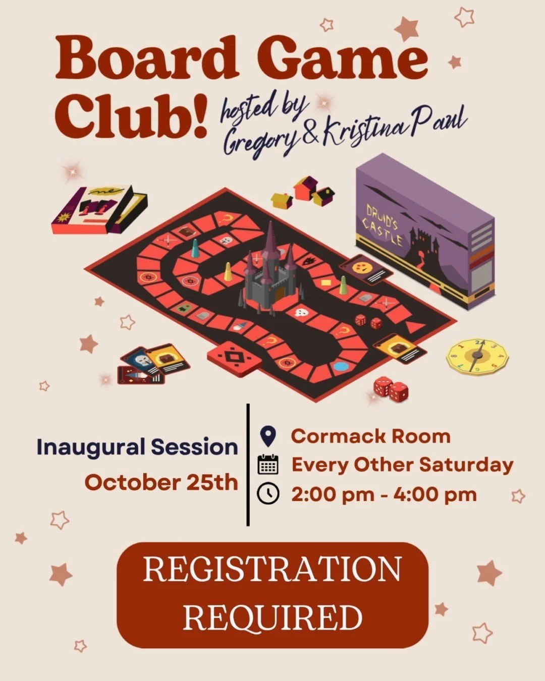 🎲✨ Ready for some friendly competition? Join our Board Game Club hosted by Gregory and Kristina Paul! Our Inaugural Session will be on Saturday, October 25th.
🗓 Every other Saturday at 2pm
📍 Cormack Room
🕹 Featuring games from Wise Wizard Games,