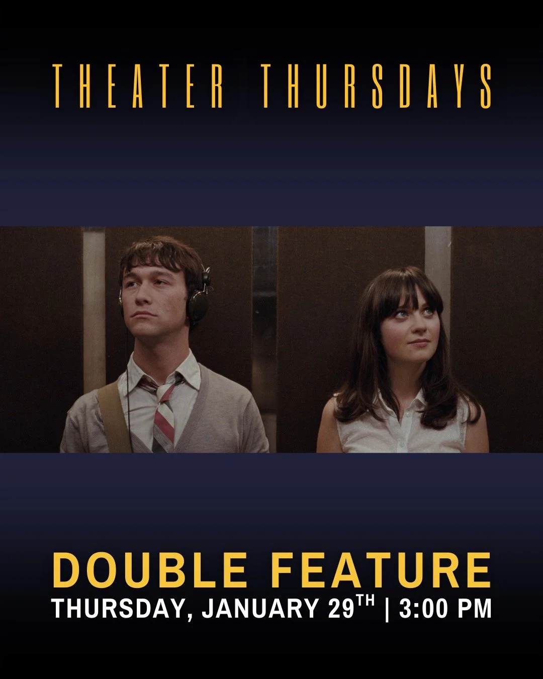 🎉 Happy New Year! 🎉 🎥 Theatre Thursdays is kicking off a new season of film screenings! Special Double Feature 🗓️ January 29th begins at 3:00 PM
📋 FREE-No registration required
🎬 In the Cormack room

⏰ 3:00 PM 🍿 (500) Days of Summer [PG-13]
Di