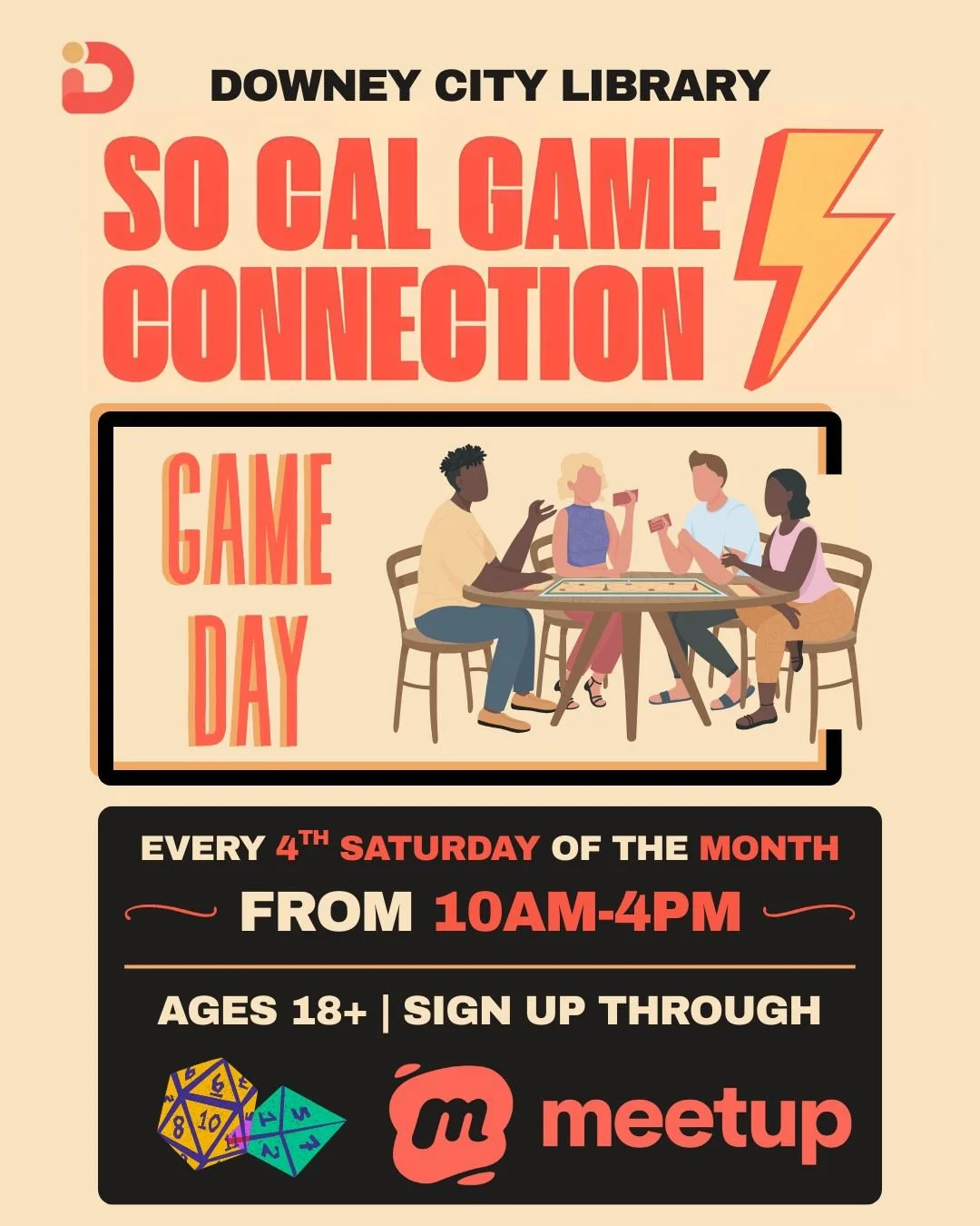 🎲 Game Day is here!

Looking for your next tabletop obsession? Join us and Mark Shocklee from So Cal Game Connection for a full day of gaming at the library. Whether you're a seasoned strategist or a total beginner, there&rsquo;s a seat for you!

Th