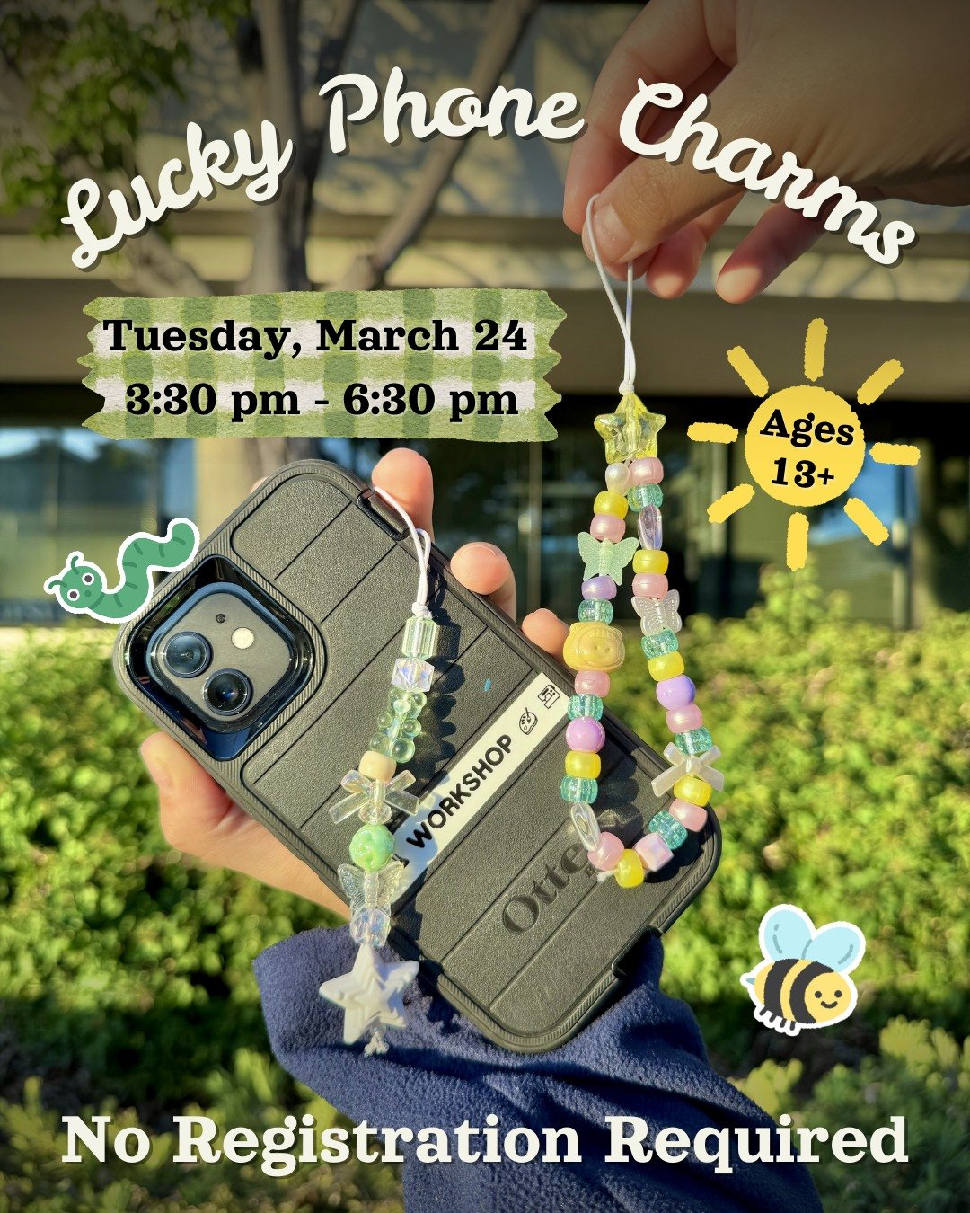 📱✨ Charm your phone with a little luck ✨🍀

Stop by the Workshop at the Downey City Library and create your own Lucky Phone Charm! Design a cute, colorful charm using fun beads, shapes, and charms to add a unique touch to your phone. Make one for yo