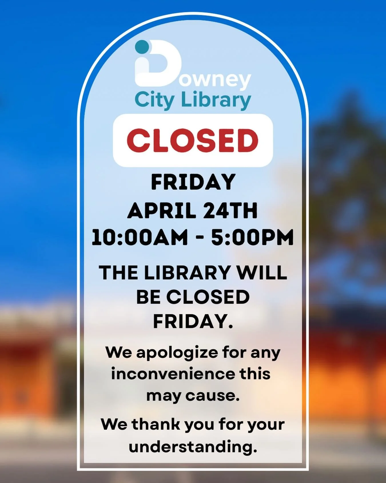 📣Library closure notice📣 Please be advised that the Library will be closed on Friday, April 24th. We will reopen with regular hours on Saturday, April 25th from 10:00 am to 5:00 pm.