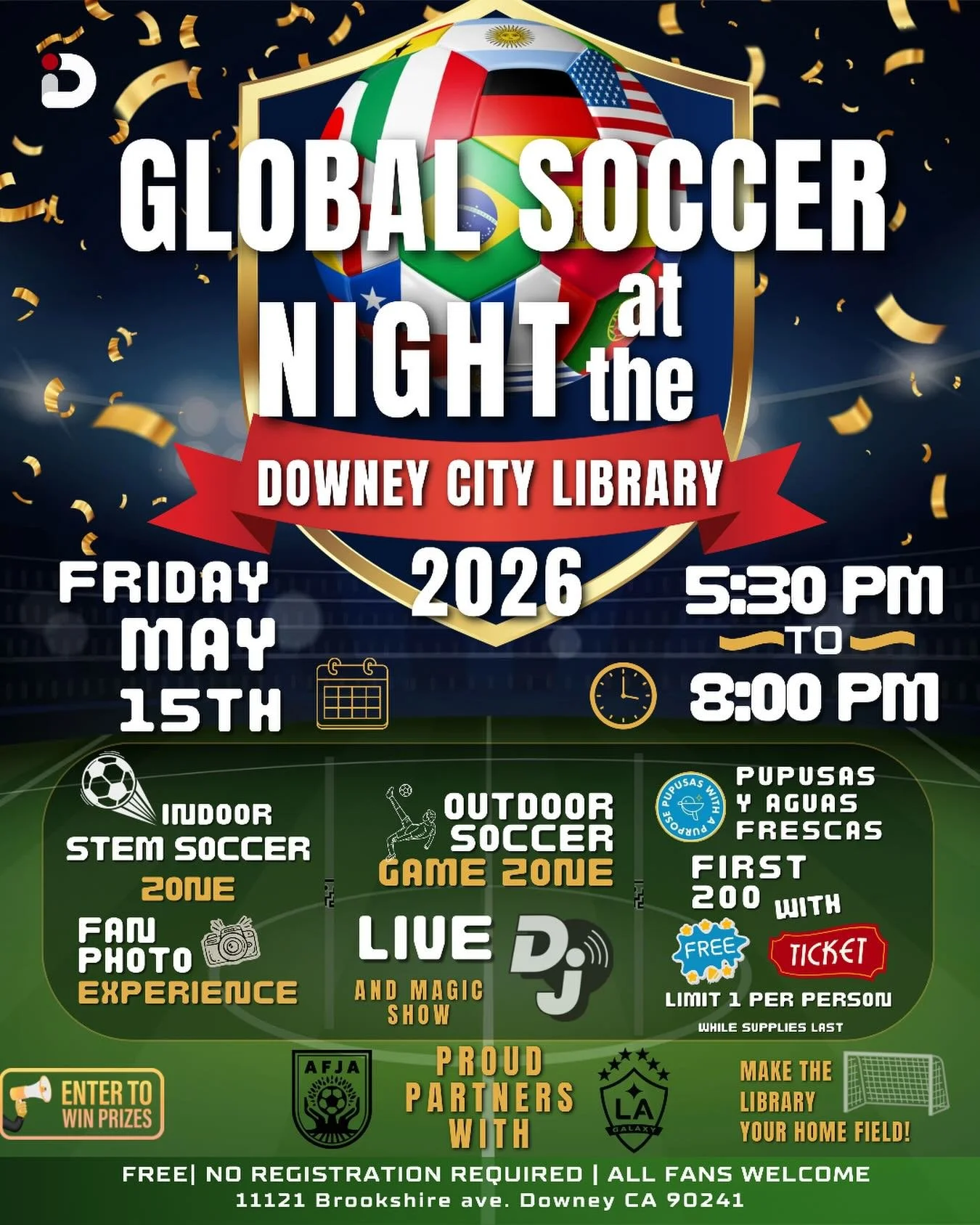 ⚽✨ Global soccer night at the Downey City Library🌟 bringing the excitement and spirit of the game to life with a special after-hours celebration you won&rsquo;t want to miss!
In partnership with Academia de Futbol Juvenil Amatence  @afja.es and the 