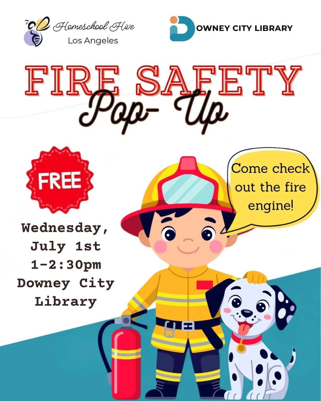 🚒🔥 FREE FIRE SAFETY POP-UP! 🔥🚒

Calling all families, parents, and little firefighters! 👨&zwj;🚒👩&zwj;🚒

Join Homeschool Hive Los Angeles, the Downey City Library, and the Downey Fire Department for an exciting afternoon of fire safety fun!

?