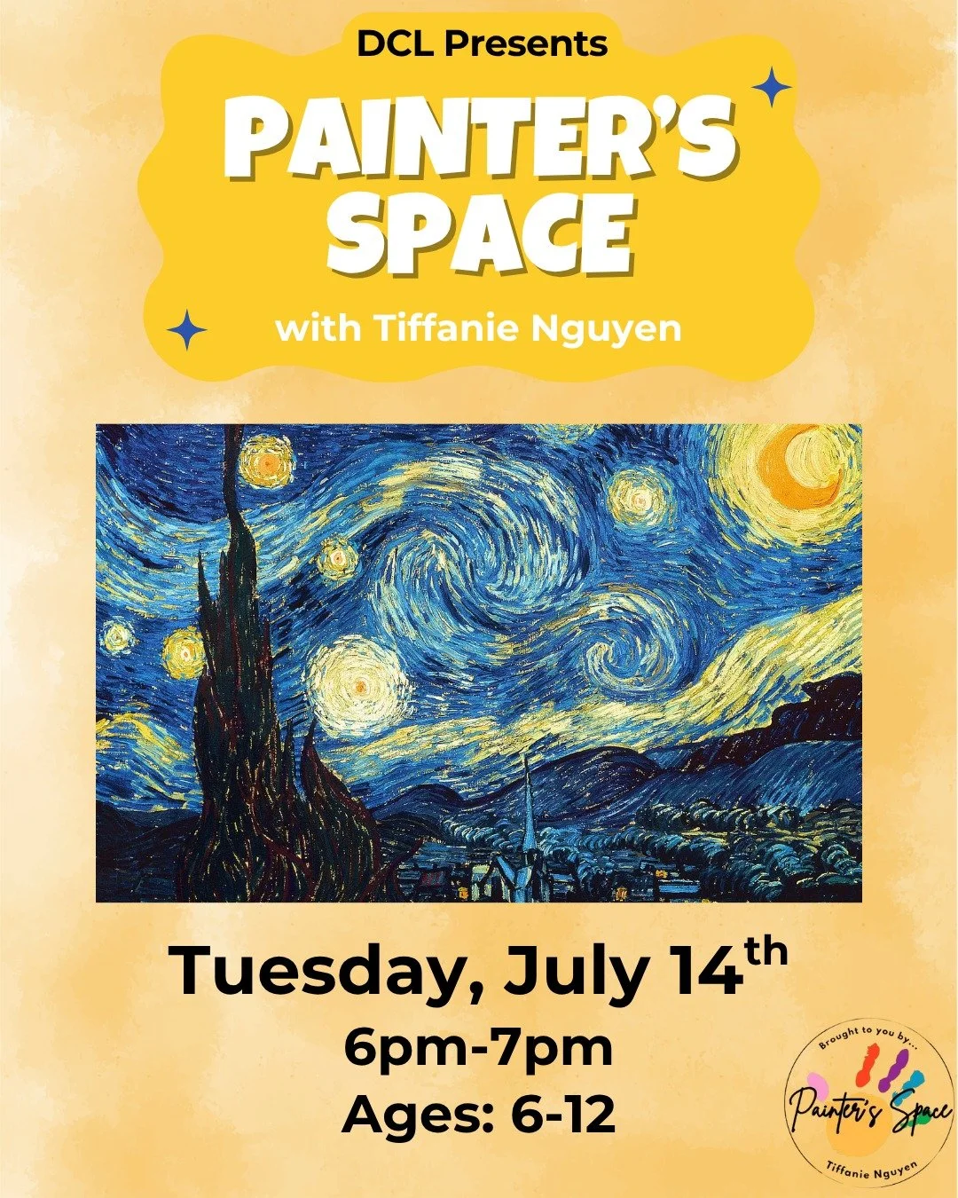 🌌✨ SWIRLING SKIES, BIG IMAGINATIONS ✨🌌
Calling all little artists! 🎨 Join us for a guided kids painting workshop inspired by Vincent van Gogh's iconic Starry Night! ⭐
With step-by-step instruction from Tiffanie Nguyen of @paintersspace , young cre