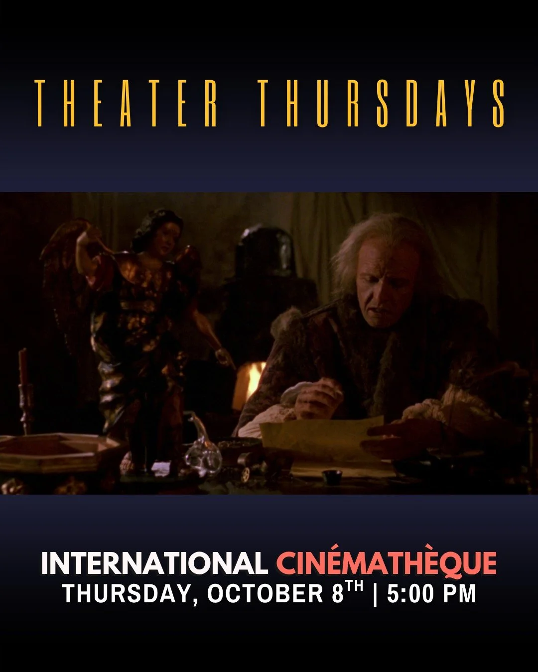 🕰️ What would you give up to live forever?

Join us for Theater Thursdays: International Cin&eacute;math&egrave;que with Guillermo del Toro's directorial debut, CRONOS; a strange, beautiful, blood-soaked fairy tale about an antique dealer, a mysteri