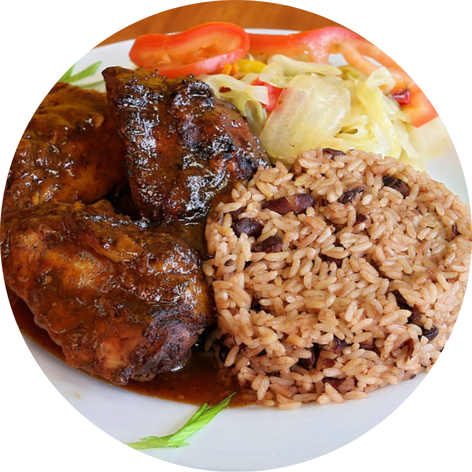 Stew chicken with rice and peas and steamed vegetables