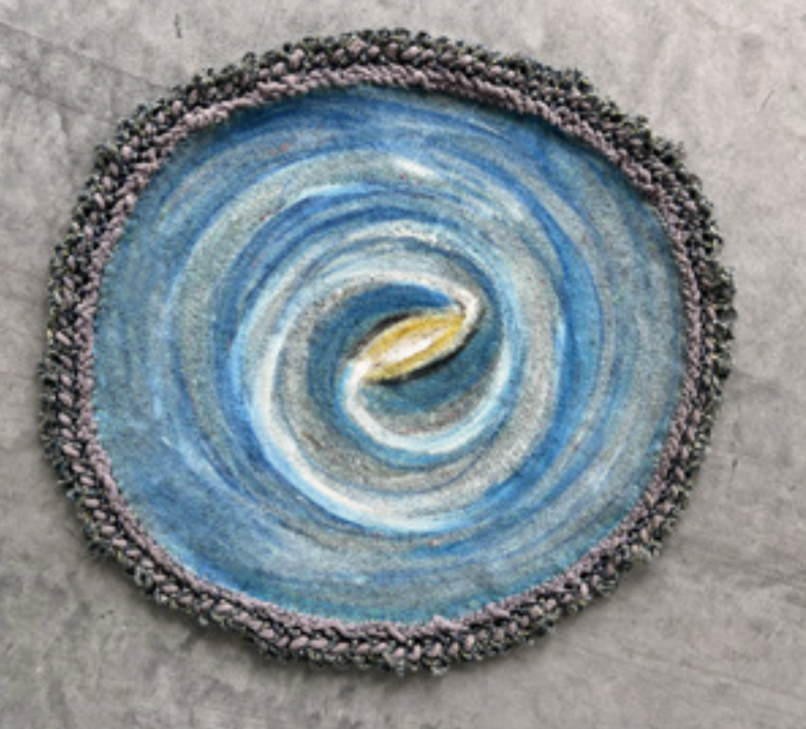 Milky Way, 2025, acrylic, glitter, markers, yarn, steel wool on felt, 42 in diameter